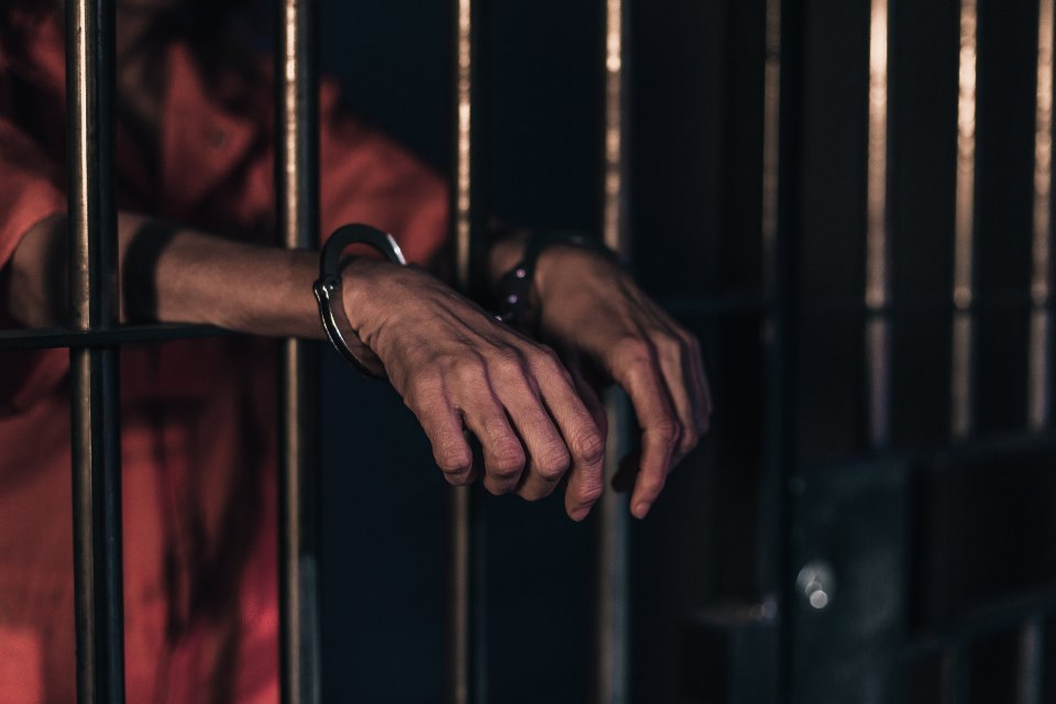 Hands resting on cell bars